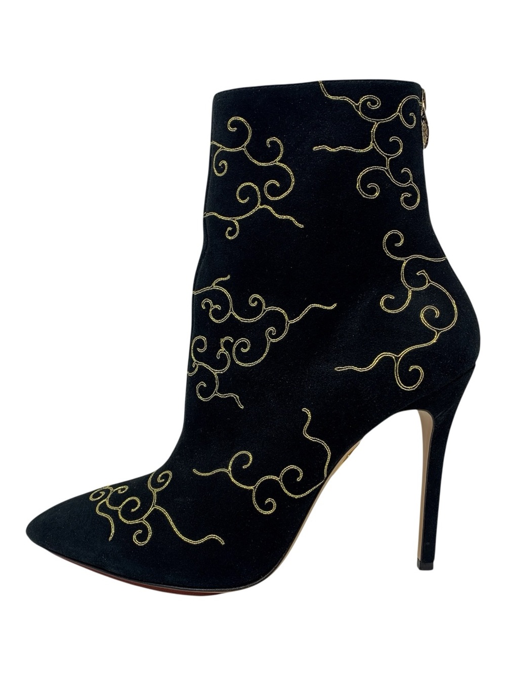 Charlotte Olympia Betsy Black Gold Embroidered Suede Stiletto Ankle Boot EU 42